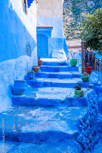 Blue colored residential alley with staircase and potted plants leading to houses, the blue city in the Morocco © ingusk
