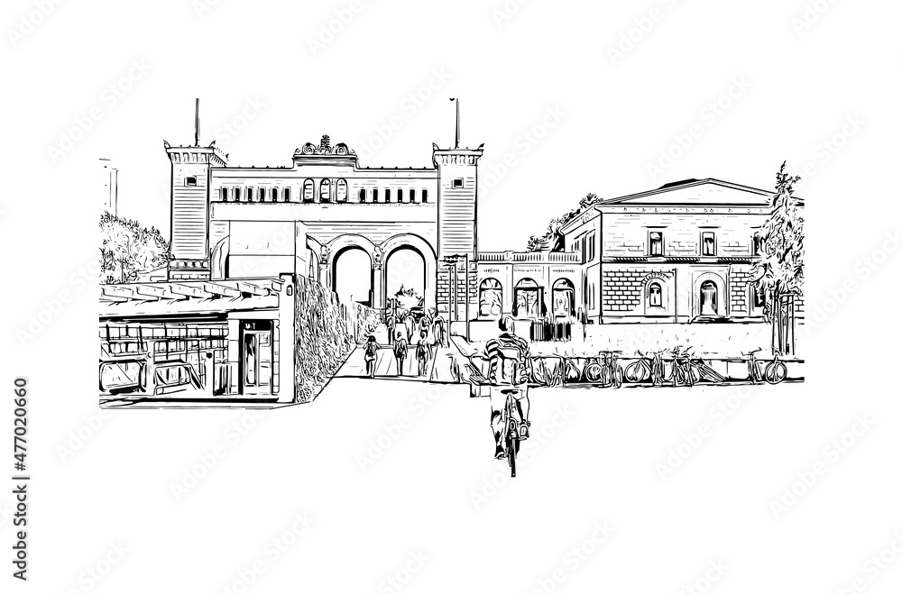 Building view with landmark of Leipzig is the
city in Germany. Hand drawn sketch illustration in vector.