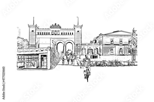 Obraz na płótnie Building view with landmark of Leipzig is the
city in Germany. Hand drawn sketch illustration in vector. w salonie