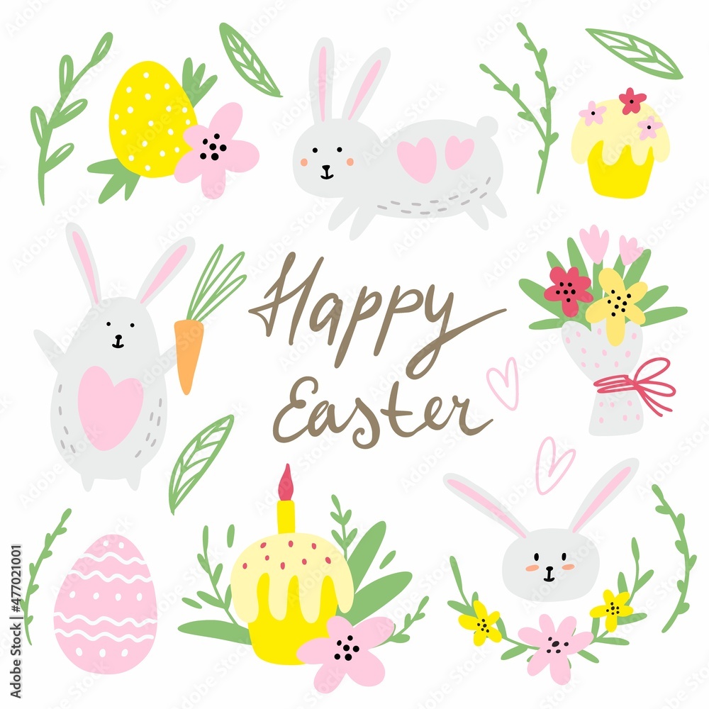 Vector Easter collection with rabbits, eggs and cakes Vector Easter collection with rabbits, eggs and cakes