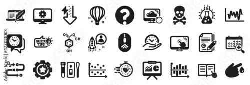 Set of Science icons  such as Energy drops  Stock analysis  Chemical hazard icons. Education idea  Timer  Journey path signs. Chemical formula  Monitor settings  Air balloon. Swipe up. Vector