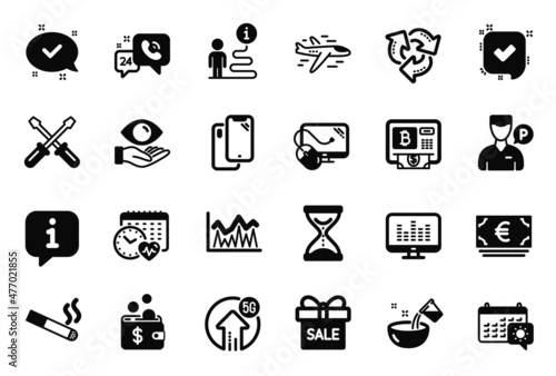 Vector Set of Business icons related to Approved, Time hourglass and Confirmed icons. Sale offer, Cooking water and Airplane signs. Cardio calendar, Valet servant and Bitcoin atm. Smoking. Vector