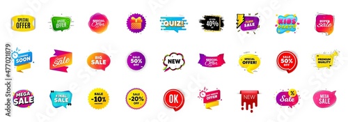 Best sale offer banners. Discounts price deal stickers. Special offer 3d bubble. Promotion sale tag coupons. Best discount deal sticker templates. Quiz bubble banner. Promotion Ad labels. Vector