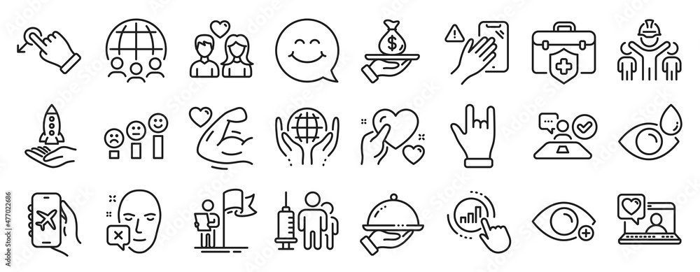 Set of People icons, such as Global business, Drag drop, Farsightedness icons. Hold heart, Smile face, Job interview signs. Friends chat, Crowdfunding, Horns hand. Organic tested, Loan. Vector