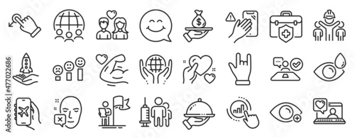Set of People icons, such as Global business, Drag drop, Farsightedness icons. Hold heart, Smile face, Job interview signs. Friends chat, Crowdfunding, Horns hand. Organic tested, Loan. Vector