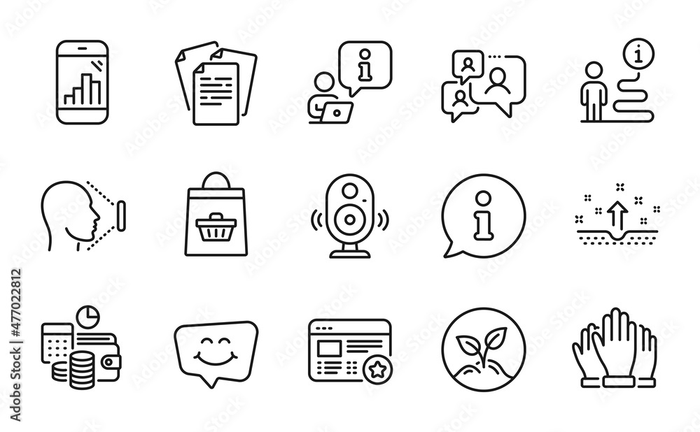 Business icons set. Included icon as Speaker, Startup, Vote signs. Favorite, Smile chat, Graph phone symbols. Online buying, Clean skin, Support chat. Documents, Face id, Budget accounting. Vector Business icons set. Included icon as Speaker, Startup, Vote signs. Favorite, Smile chat, Graph phone symbols. Online buying, Clean skin, Support chat. Documents, Face id, Budget accounting. Vector
