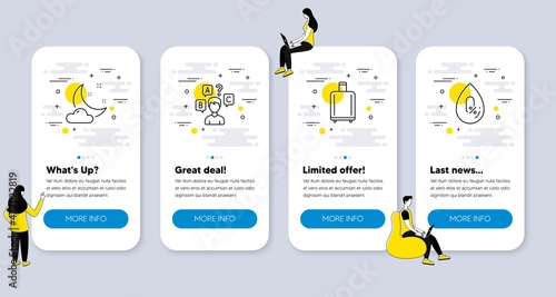Set of Business icons, such as Night weather, Quiz test, Baggage reclaim icons. UI phone app screens with people. No alcohol line symbols. Sleep, Interview, Airport bag. Mineral oil. Vector