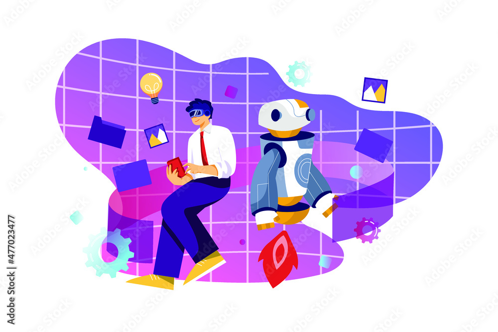 Businessman use data of robots on a smartphone to control business network connection and data exchange