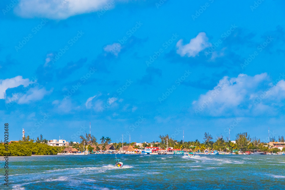 Fototapeta premium Panorama landscape view on beautiful Holbox island turquoise water Mexico.