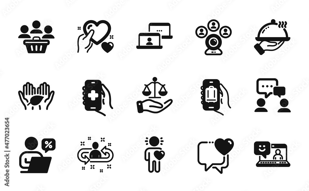 Vector set of Recruitment, Restaurant food and Hold heart icons simple set. Friend, Video conference and Baggage app icons. Online discounts, Buyers and Heart signs. Vector Vector set of Recruitment, Restaurant food and Hold heart icons simple set. Friend, Video conference and Baggage app icons. Online discounts, Buyers and Heart signs. Vector