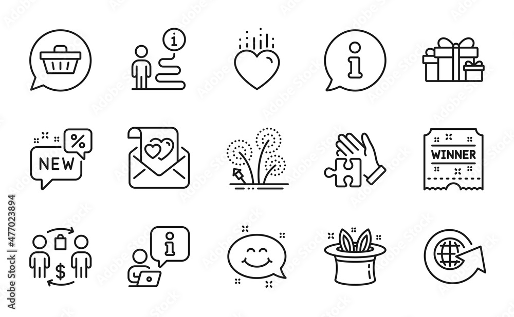 Holidays icons set. Included icon as Love letter, Shopping cart, Puzzle signs. Holiday presents, New, Fireworks symbols. Winner ticket, Heart, Hat-trick. Smile chat, World globe. Vector Holidays icons set. Included icon as Love letter, Shopping cart, Puzzle signs. Holiday presents, New, Fireworks symbols. Winner ticket, Heart, Hat-trick. Smile chat, World globe. Vector