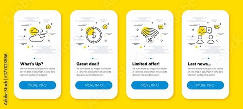 Vector set of Dollar target, Windy weather and 5g wifi line icons set. UI phone app screens with line icons. People voting icon. Aim with usd, Cloud wind, Wireless internet. Internet chat. Vector