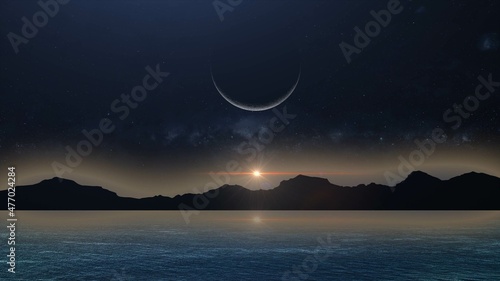 Mercury Direct , Earth Day , winter solstice ,Total lunar eclipse ,september equinox ,summer solstice ,night landscape with moon and clouds, sunset, spring equinox 3d illustration