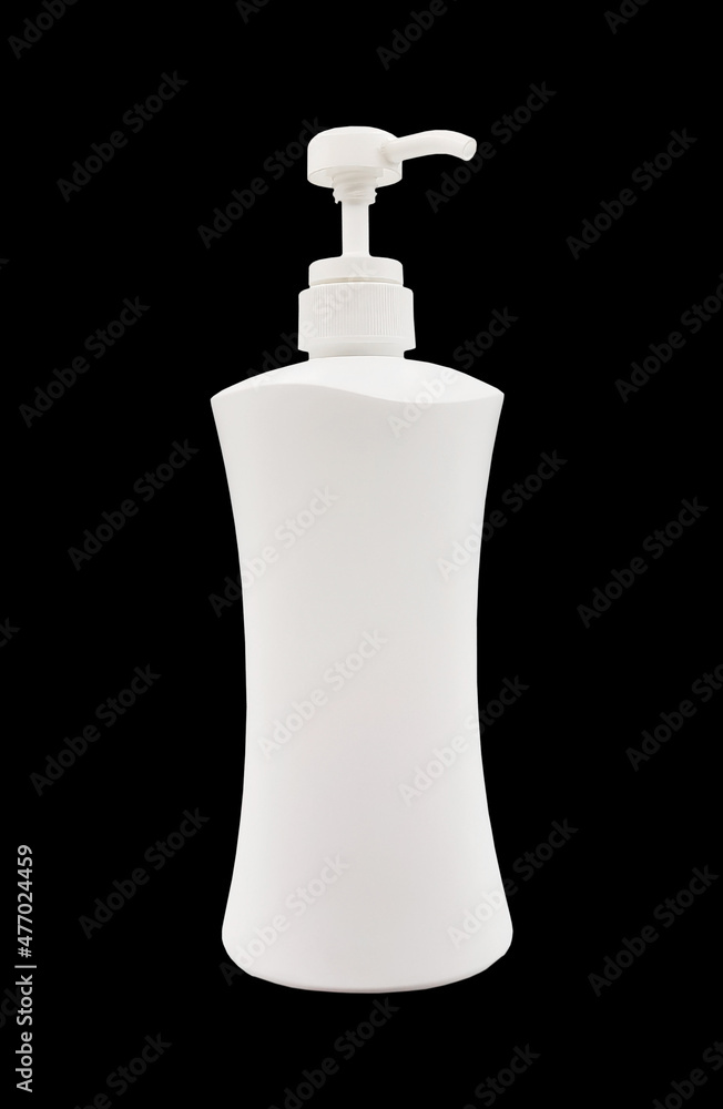 white shampoo plastic pump bottle isolated on black background with clipping path. mock-up packaging for bottle of hand sanitizer, shampoo, cream, body lotion, soap or shower gel. white shampoo plastic pump bottle isolated on black background with clipping path. mock-up packaging for bottle of hand sanitizer, shampoo, cream, body lotion, soap or shower gel.