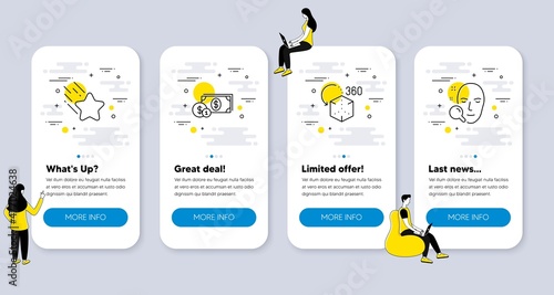 Set of Business icons, such as Falling star, Augmented reality, Dollar money icons. UI phone app screens with people. Face search line symbols. Night star, Virtual reality, Cash with coins. Vector