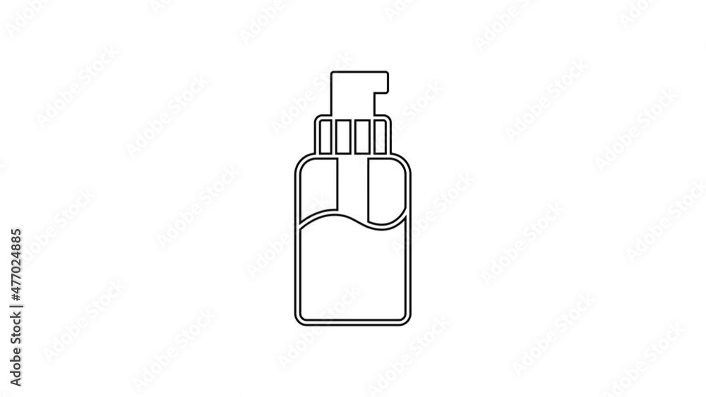 Black line Bottle of liquid antibacterial soap with dispenser icon isolated on white background. Disinfection, hygiene, skin care concept. 4K Video motion graphic animation Black line Bottle of liquid antibacterial soap with dispenser icon isolated on white background. Disinfection, hygiene, skin care concept. 4K Video motion graphic animation