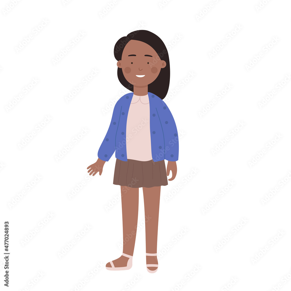Cute little african smiling standing girl. Adorable friendly and cheerful happy dark skin child