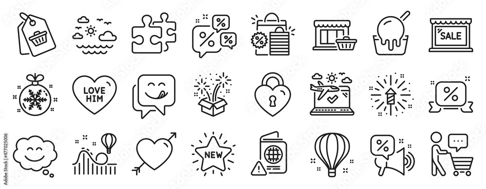 Set of Holidays icons, such as Sale, Christmas ball, Yummy smile icons. Passport warning, Buyer think, Love lock signs. Ice cream, New star, Fireworks. Puzzle, Love, Air balloon. Sale tag. Vector Set of Holidays icons, such as Sale, Christmas ball, Yummy smile icons. Passport warning, Buyer think, Love lock signs. Ice cream, New star, Fireworks. Puzzle, Love, Air balloon. Sale tag. Vector