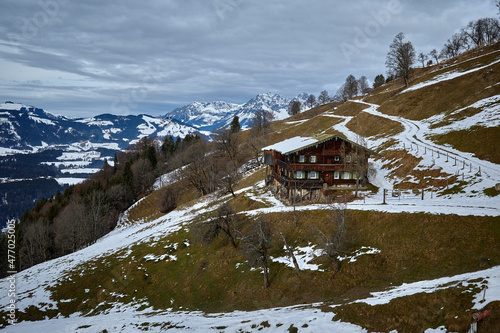 A wooden house on a mountainside in Kitzbühel, Tirol, Austria