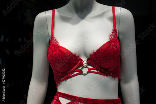 Closeup of red lingerie on mannequin in a fashion store showroom