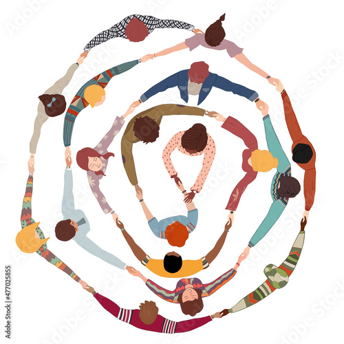 Chain of group of isolated people in a circle from divers cultures holding hands. Cooperation and teamwork.Community of friends or volunteers. Partnership. Top view. Multiethnic people