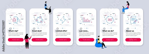 Vector Set of Business icons related to Histogram, 360 degrees and Teamwork icons. UI phone app screens with teamwork. Puzzle game, Energy and Article line symbols. Vector