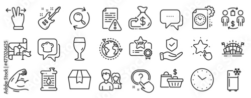 Set of Business icons, such as Question button, Buying process, Refrigerator icons. Cashback, Time, Sports arena signs. Search, Project deadline, Message. Insurance hand, Strong arm. Vector