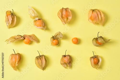 Several ripe physalis (Cape gooseberries) lie next to each other and form a texture against a yellow background