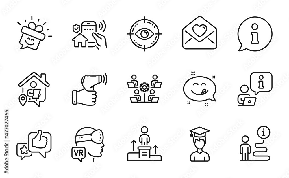 People icons set. Included icon as Love letter, House security, Yummy smile signs. Augmented reality, Work home, Business podium symbols. Electronic thermometer, Eye target, Teamwork. Like. Vector People icons set. Included icon as Love letter, House security, Yummy smile signs. Augmented reality, Work home, Business podium symbols. Electronic thermometer, Eye target, Teamwork. Like. Vector