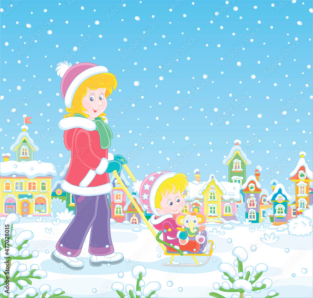 Young cute mom sledding her happy little daughter with a funny toy elephant down a snow-covered street of a pretty small town on a snowy winter day, vector cartoon illustration Young cute mom sledding her happy little daughter with a funny toy elephant down a snow-covered street of a pretty small town on a snowy winter day, vector cartoon illustration