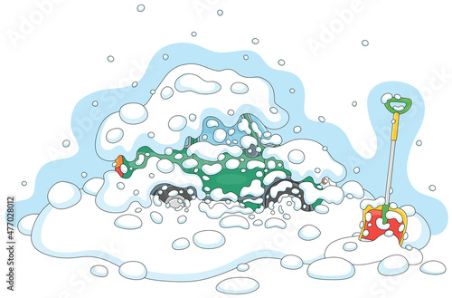 Snowbound small car and a snow shovel in a big snowdrift on a cold winter day, vector cartoon illustration isolated on a white background