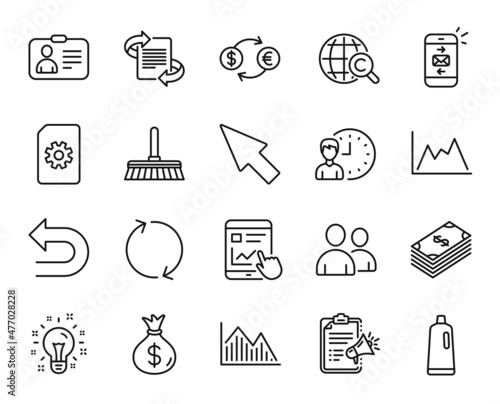 Vector set of Shampoo, Mouse cursor and Undo line icons set. Internet report, Working hours and File management icons. Mail, Money bag and Diagram signs. Shampoo web symbol. Vector photo