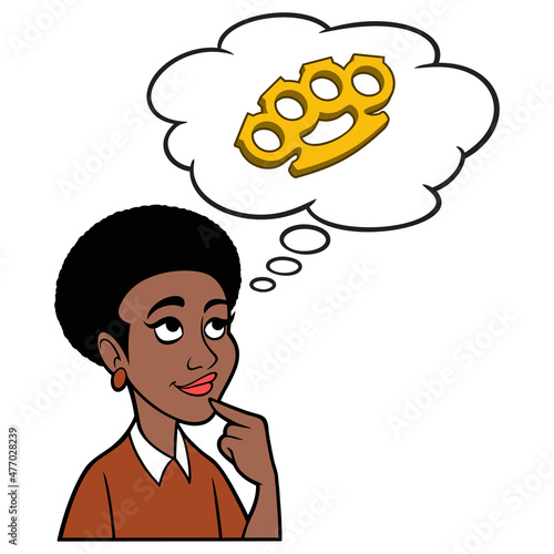 Black Woman thinking about Brass Knuckles - A cartoon illustration of a Black Woman thinking about getting a pair of Brass Knuckles.