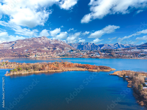 Aerial view of the city of Civate and Lake Annone during winter, Lecco province, Italy