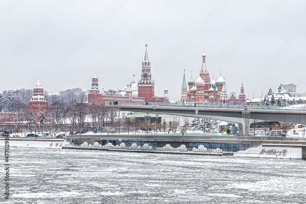 Snow-covered Moscow Kremlin, St. Basil's Cathedral and Zaryadye Park