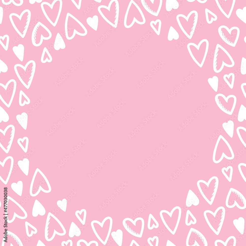 Seamless pattern frame of white hearts on pink background. Use on Valentines Day on textiles, wrapping paper, backgrounds, souvenirs. Vector illustration