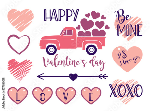 A set of decorative elements for Valentines Day. Vector Illustrations