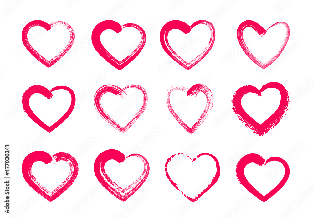 Set of hand drawn hearts outline. Collection of various brush, chalk, marker drawn line heart shapes