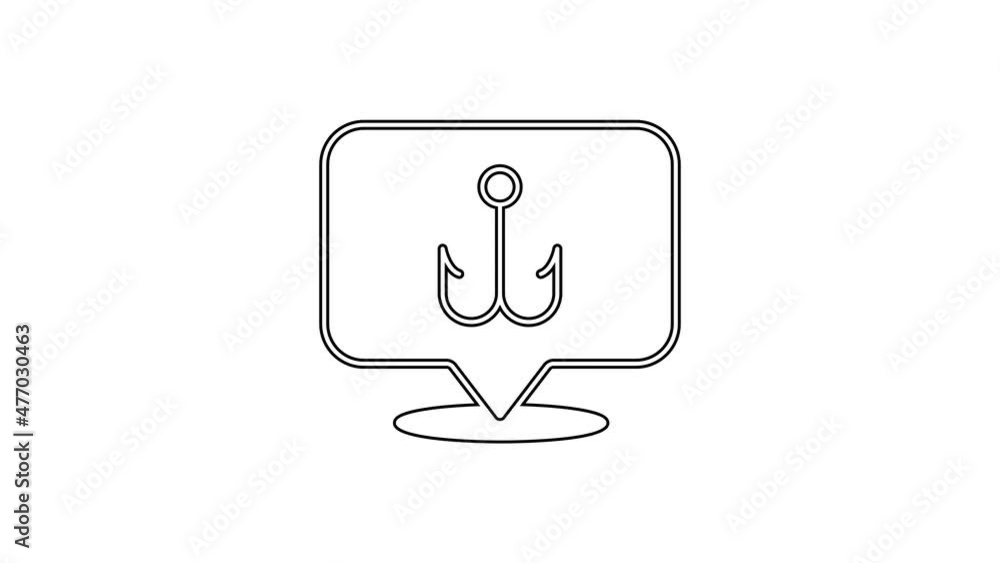 Black line Fishing hook icon isolated on white background. Fishing tackle. 4K Video motion graphic animation Black line Fishing hook icon isolated on white background. Fishing tackle. 4K Video motion graphic animation