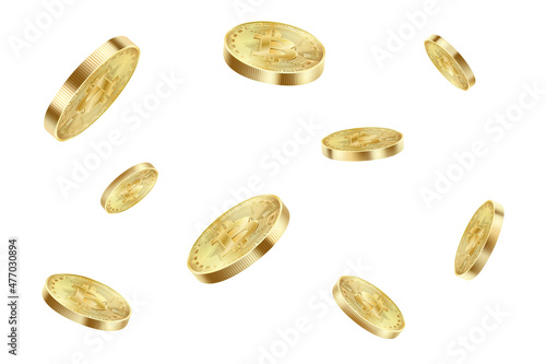 Bitcoin coins flying isolated on a white background. Bitcoin virtual cryptocurrency explosion. Realistic 3d Vector illustration.