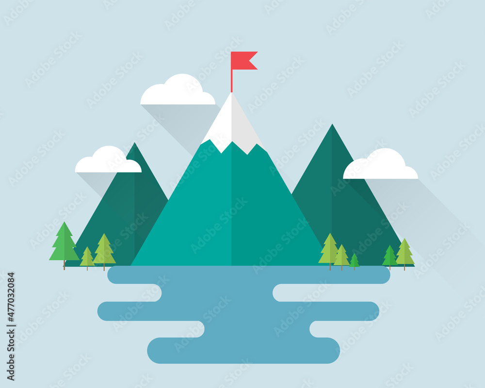 Mission mountain concept. Setting goals for successful business. Vector illustrations in flat design. Isolated on background.