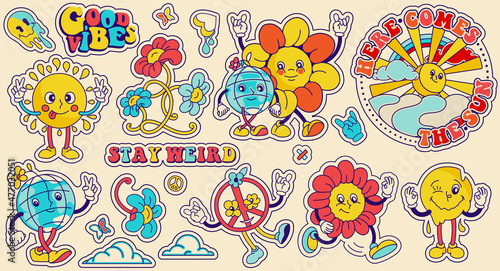Nostalgia 70's stickers, badges, isolated elements. Groovy characters, emoticons and slogans.