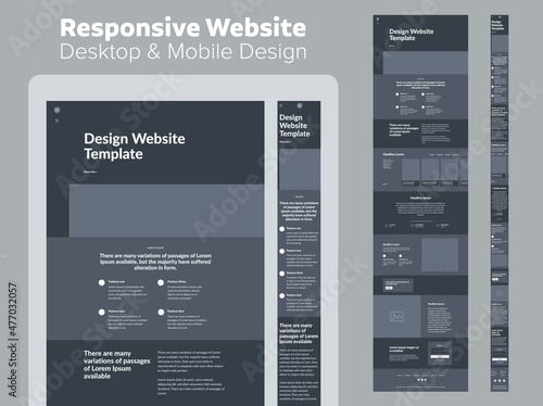 Website design dark mode. Responsive desktop and mobile wireframe. Landing page template.