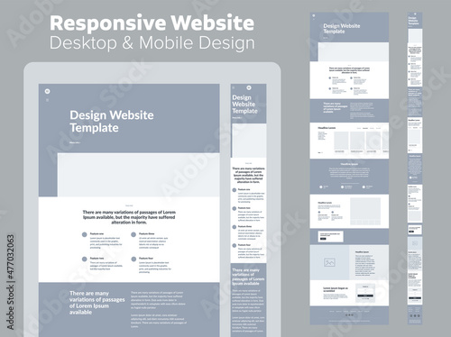 Website design. Responsive desktop and mobile wireframe. Landing page template.