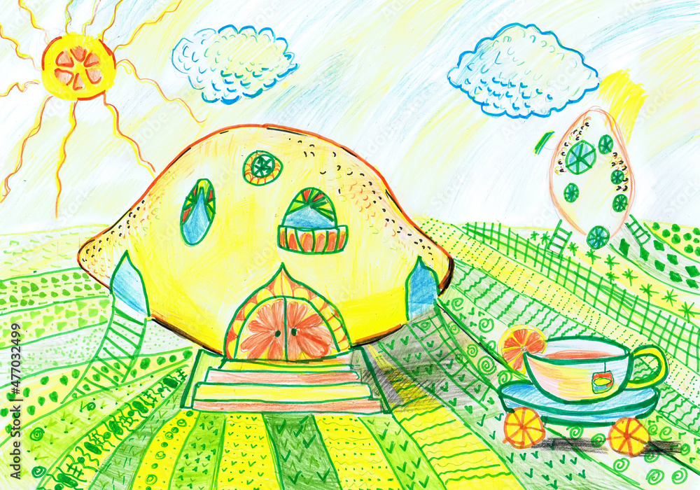 Naklejka premium A lemon house in a fabulous country. Children's drawing