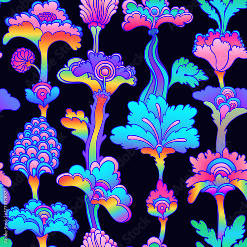 Floral colorful seamless pattern, retro 60s, 70s hippie style background. Vintage psychedelic textile, fabric, wrapping, wallpaper. Vector repeating illustration.