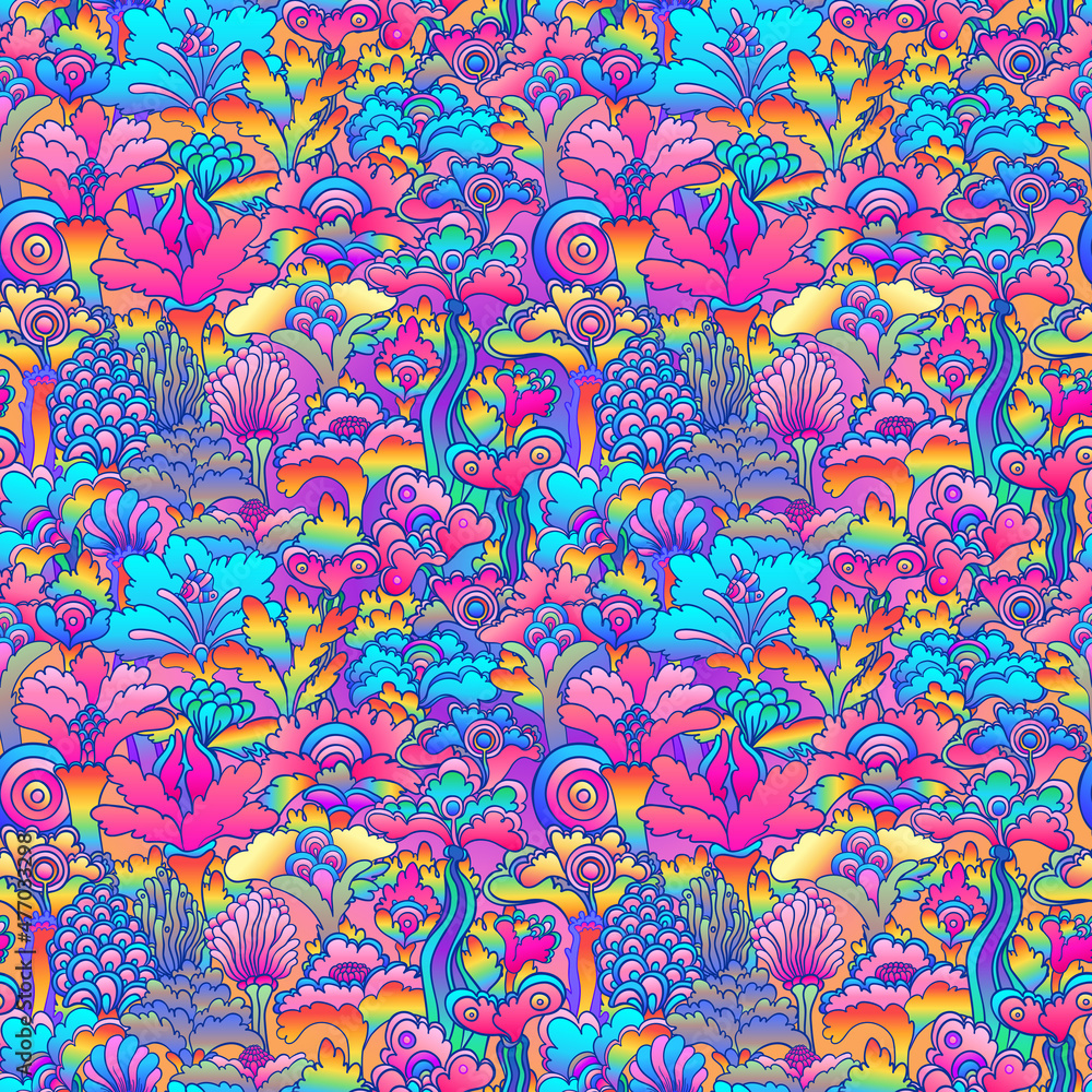 Floral colorful seamless pattern, retro 60s, 70s hippie style background. Vintage psychedelic textile, fabric, wrapping, wallpaper. Vector repeating illustration.