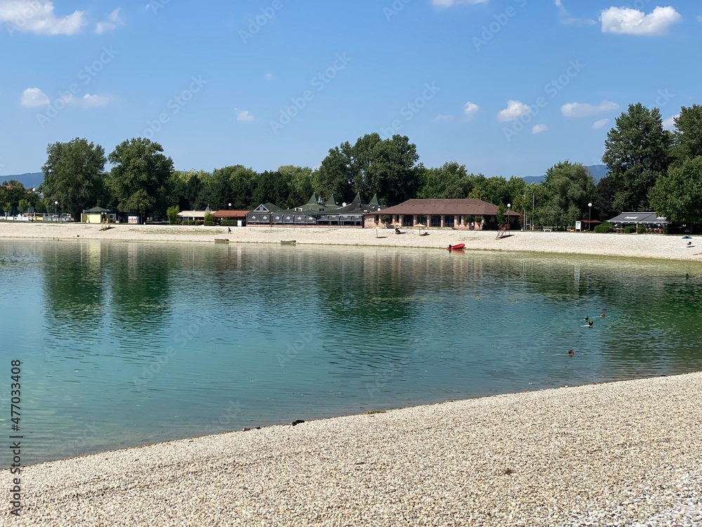 Jarun beach or bathing place small Jarun lake during summer, Zagreb - Croatia (Plaža Jarun ili kupalište malo jarunsko jezero tijekom ljeta (RŠC Jarun), Zagreb - Hrvatska)
