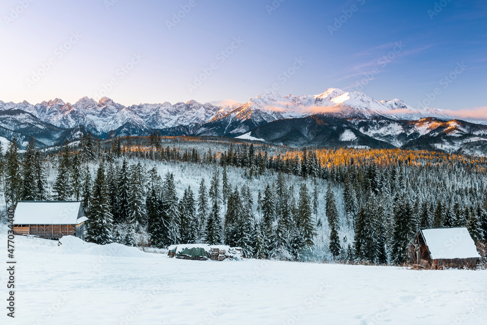 Winter Wonderland in High Tatra Mountains near Zakopane in Poland at Sunrise