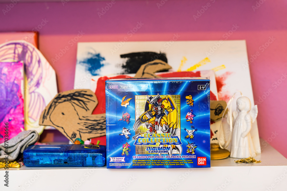 Digimon Collection Room Hamburg, Germany - 12262021: picture of a sealed english Digimon ...